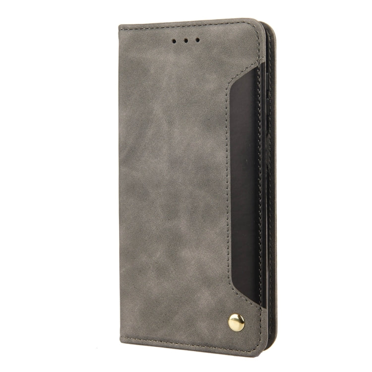 Grey splicing leather phone case for Samsung Galaxy A05s, featuring a wallet design with card slots and a stand function.